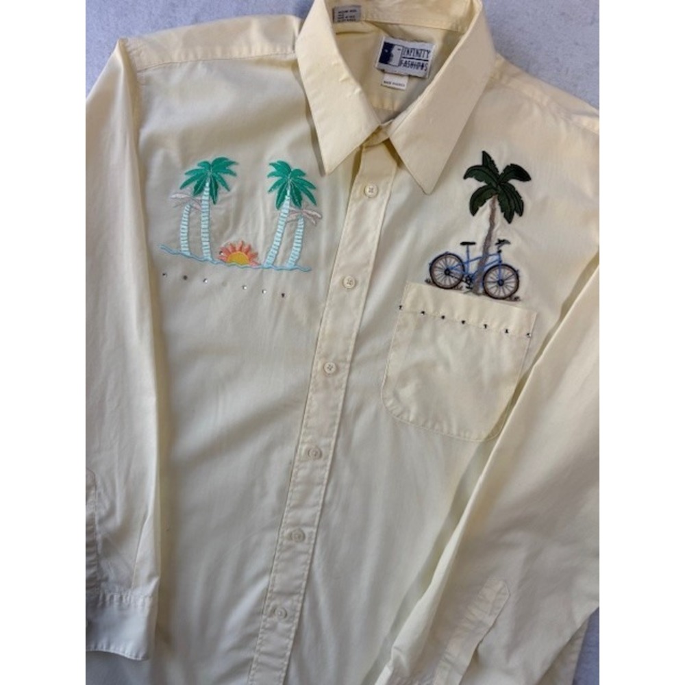 Vintage Rhinestone Yellow Embroidered Beach Palm Tree Button Down XL Grandmacore